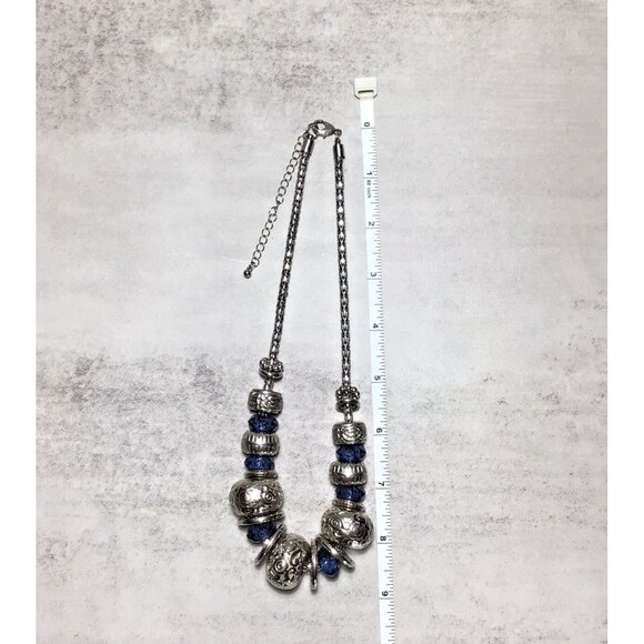 Sliding Beaded Necklace Chunky Bib Blue Faceted Silver Tone Mesh Chain 18.5" - Picture 5 of 5